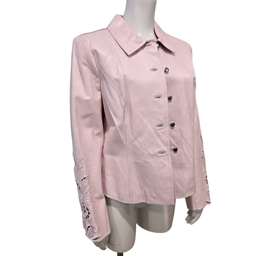 Together Pink Womens Leather Jacket Size 8 Vintage 90s floral laser cut Arms NWT